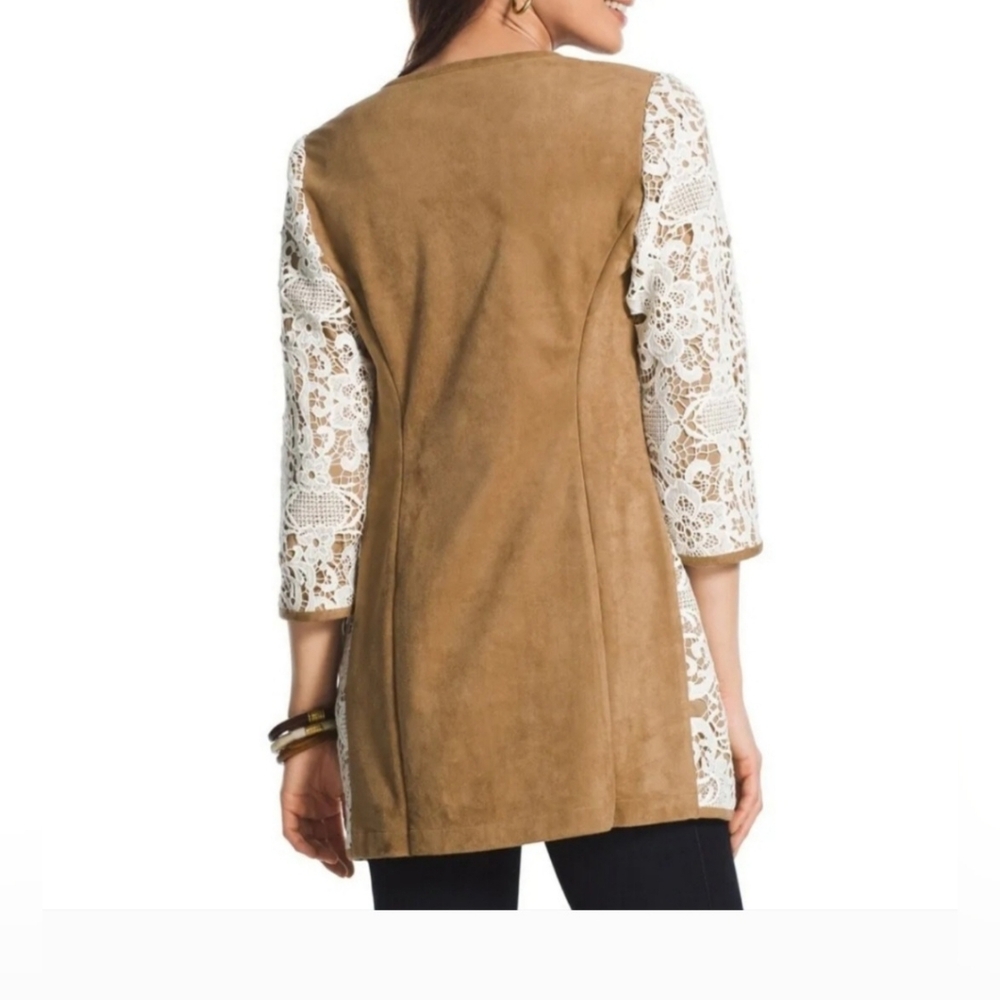 Chicos Womens Open Front Jacket Beige Floral lace with Pockets size 4 XL - Picture 3 of 5